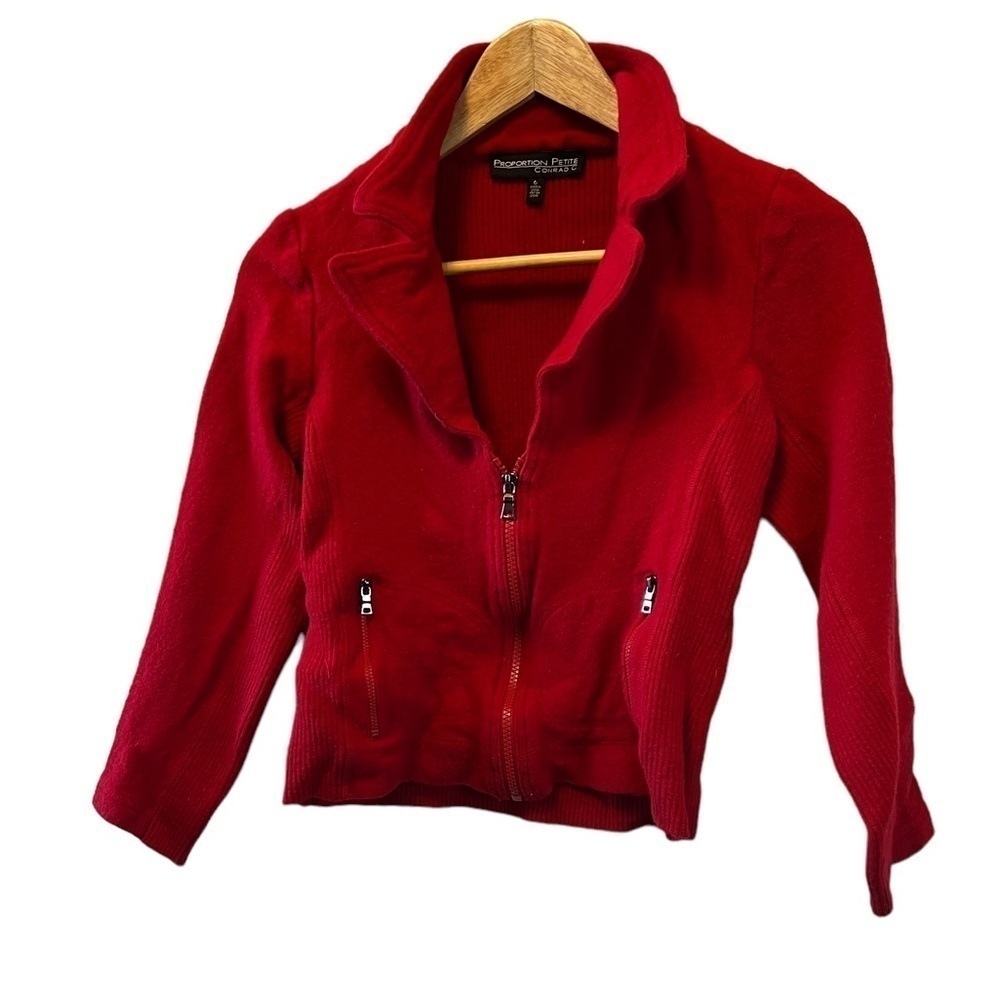 Red Knit Wool Blend Zip Up Moto Style Cropped Fitted Jacket Coat 6